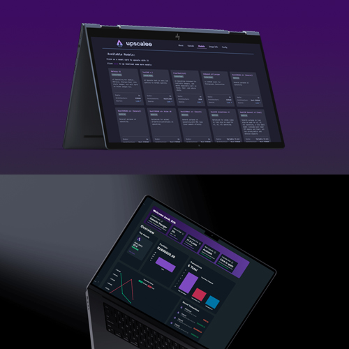 Two devices showing Upscale dashboards in dark mode with purple branding (tablet in tent mode and a laptop).