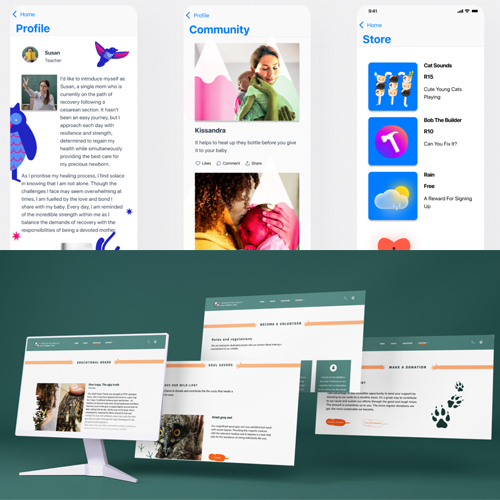 Mockup of mobile app screens showing Profile, Community, and Store sections, with angled desktop website layouts below.
