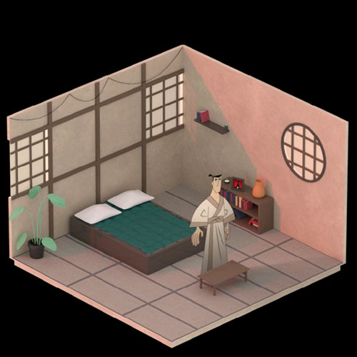 Isometric bedroom scene with a bed, a man in a robe standing by a bench, a bookshelf, a potted plant, and a round window on a pink wall.