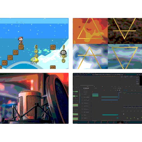 Collage: pixel-art platform game scene, abstract neon triangles, close-up recording studio microphone, and a dark code editor on a monitor.