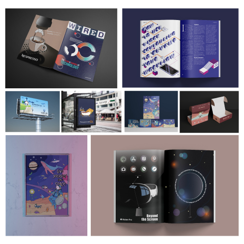 Collage of graphic design work: magazine spreads, posters, packaging, and product advertisements in a portfolio layout.