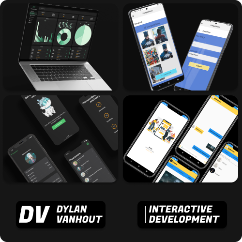 Collage of a laptop analytics dashboard, several mobile app screens, and DV Dylan VanHout branding with 'Interactive Development'