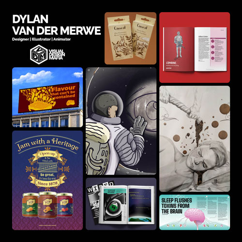 Portfolio collage of design work by Dylan van der Merwe, including posters, book layouts, packaging, and illustrations.