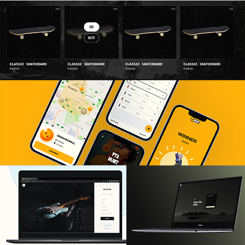 Collage: top row four skateboard photos, middle row mobile app screens on a yellow background, bottom row two laptops showing websites.