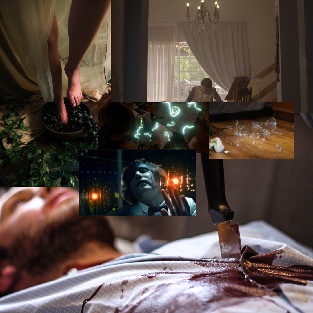A collage of eerie scenes: bare feet in a bowl of berries, a sunlit room, neon squiggles, broken glass, a distressed man, and a person with a knife and blood nearby.