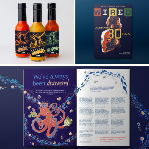 Collage of three hot sauce bottles, a WIRED magazine cover, and an open magazine spread with a blue octopus illustration.