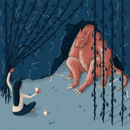 Girl with long dark hair sits in a blue cave offering cups to a red dragon-like creature, bones on the floor nearby.