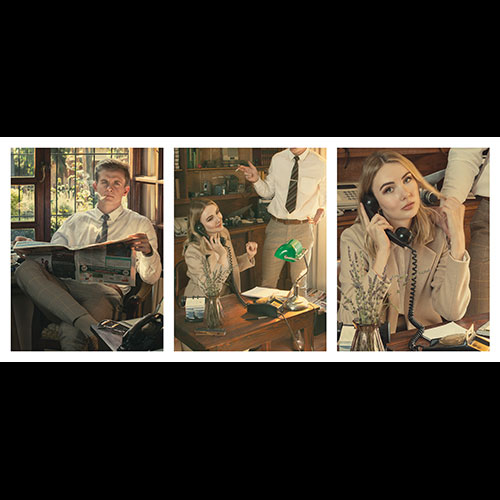 Three-panel collage of vintage office workers: left shows a man reading a newspaper by a window, middle shows a woman at a desk with a man standing nearby, right shows a woman talking on a landline phone.