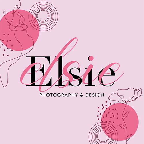 Brand logo for Elsie Photography & Design on a light pink background, featuring a bold black 'Elsie' with a pink cursive script and pink circular decorative shapes.