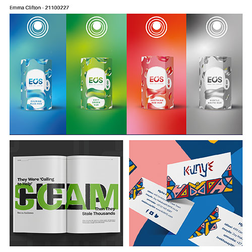 Four-panel advertisement showing ECS products in blue, green, red, and gray color blocks, each panel featuring an ECS box with branding at the top of the image sequence.