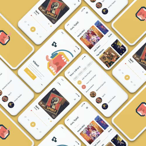 collage of white smartphones showing a music streaming app interface with library, playlists, and album artwork on a yellow background