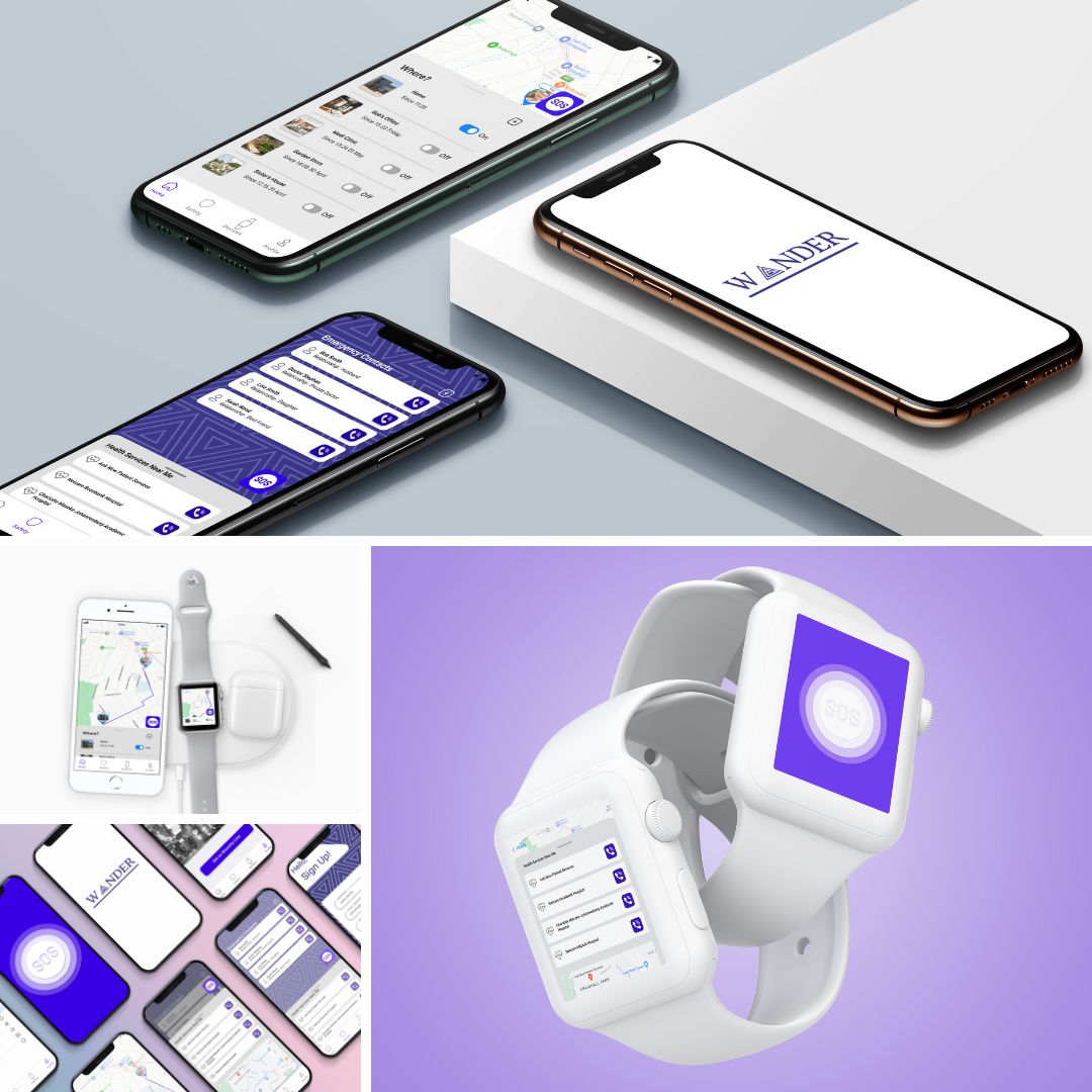 Collage showing Wander app UI on multiple iPhones and an Apple Watch with branding visible.