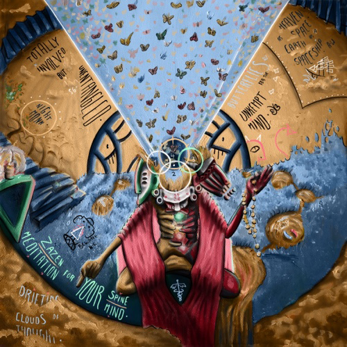 Surreal artwork of a robed figure floating inside a blue triangle, surrounded by butterflies and abstract mind‑exploration symbols.