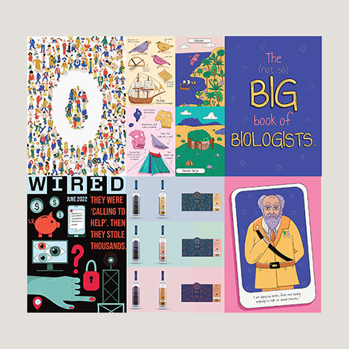 Collage of six colorful book covers with bright illustrations, including Wired and The Big Book of Biologists, arranged in a grid.