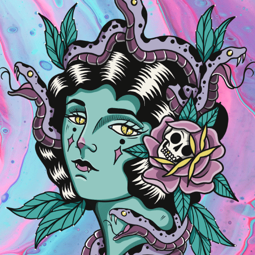 Turquoise-skinned Medusa with snakes in her hair, a purple rose and skull, on a colorful swirled background.