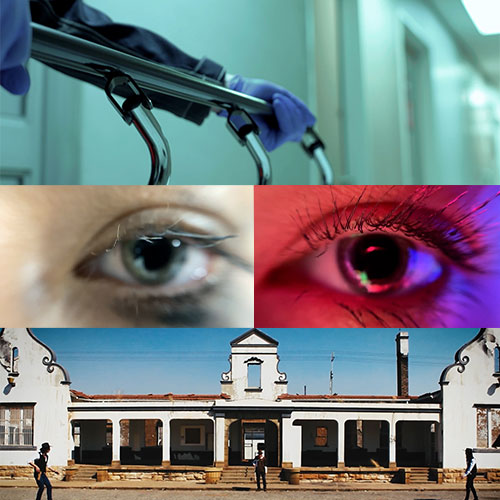 Collage: hospital corridor with a wheeled patient trolley and gloved hands, a close-up of two eyes (left normal, right under purple light), and a white arched building with people outside.