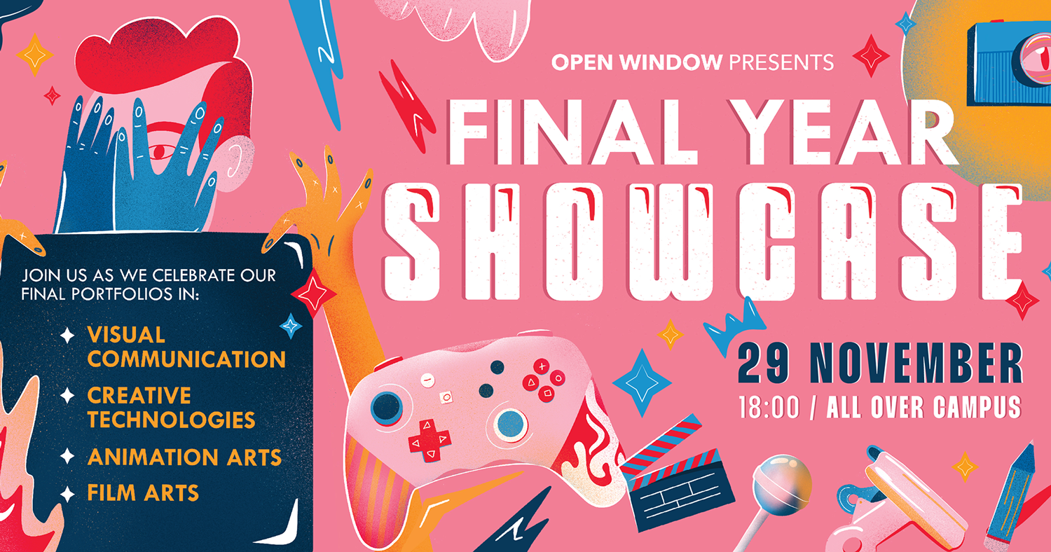 Poster for Final Year Showcase with bold white text on pink, hands, controller, camera, and film clapperboard.