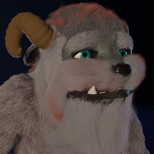 3D-rendered shaggy monster with a single curved horn, turquoise eyes, and a white beard smiles against a dark background