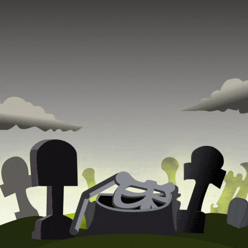 Cartoon graveyard with tombstones and a fallen sarcophagus featuring a carved skull in a gloomy landscape.