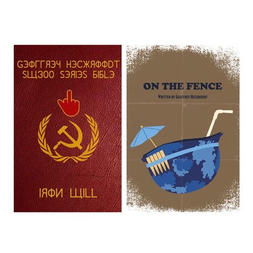 Two vintage book covers side by side: left red cover with a gold hammer-and-sickle emblem and upside-down text; right brown cover titled 'On the Fence' featuring a blue ship and umbrella.