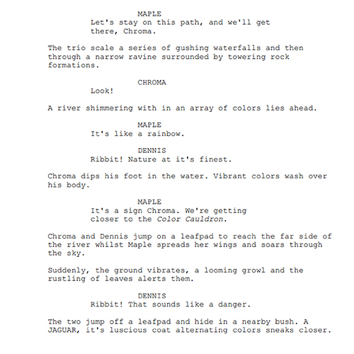 Script-style scene where Maple, Chroma, and Dennis discuss a shimmering river and a rainbow.