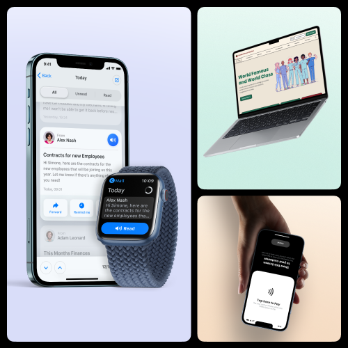 Collage showing iPhone and Apple Watch displaying messages, a laptop with a webpage, and a hand holding an iPhone showing Apple Pay for contactless payment both arranged on colored panels.