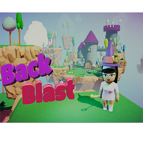 3D cartoon game cover: girl in a witch hat on a grassy cliff with a distant castle; bold purple and pink 'Back Blast' text