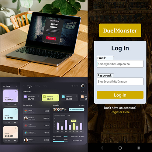 Collage: a laptop on a wooden table with a bright room, a DuelMonster login form on a dark wall, and a multi-panel analytics dashboard UI.