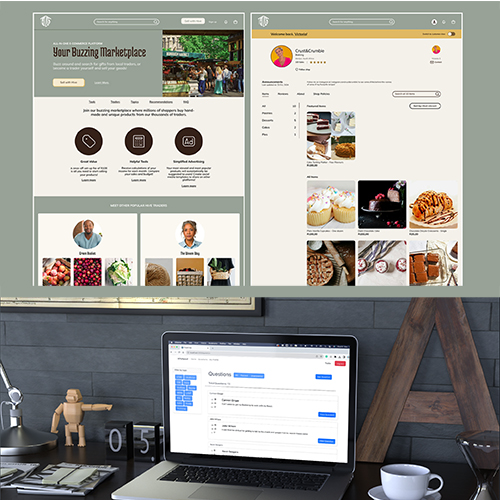 Composite: two web design mockups side by side above a laptop showing a Q&A form on a desk.