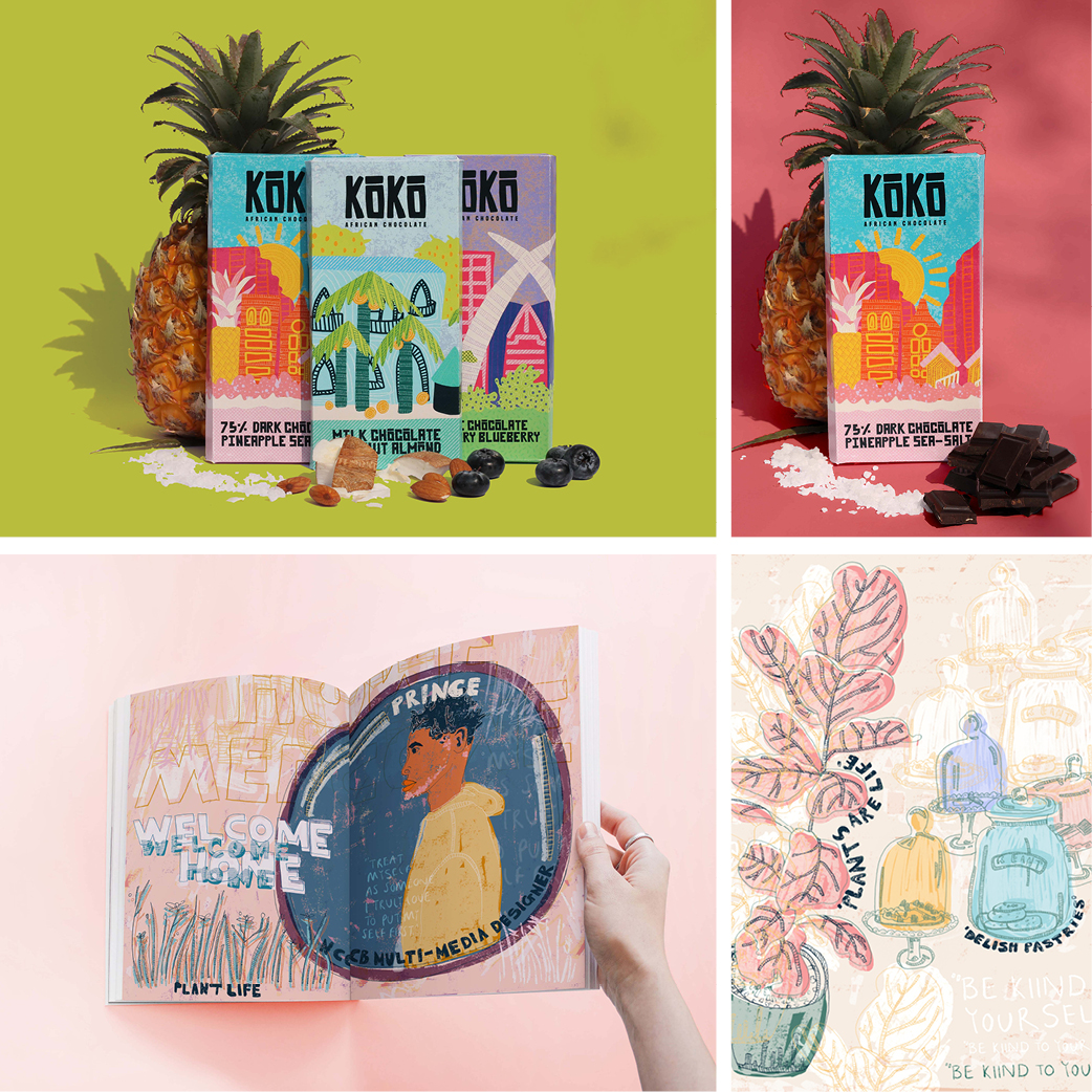 Collage showing colorful Koko chocolate bars with a pineapple, plus an open art book and a pastel botanical illustration.