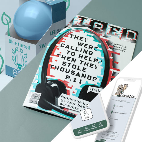 Magazine cover with a headset graphic and glitchy, bold text about people calling for help after theft, placed on a desk with a blue-tinted box and a smartphone nearby