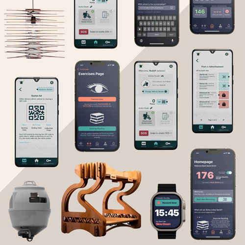 Collage of multiple smartphones displaying health and fitness app screens, shown with a smartwatch and assorted fitness devices on a beige background.