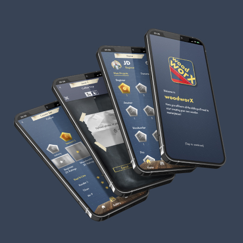Stack of tilted smartphones displaying the WoodworX game interface on a dark blue background, emphasizing the mobile app.