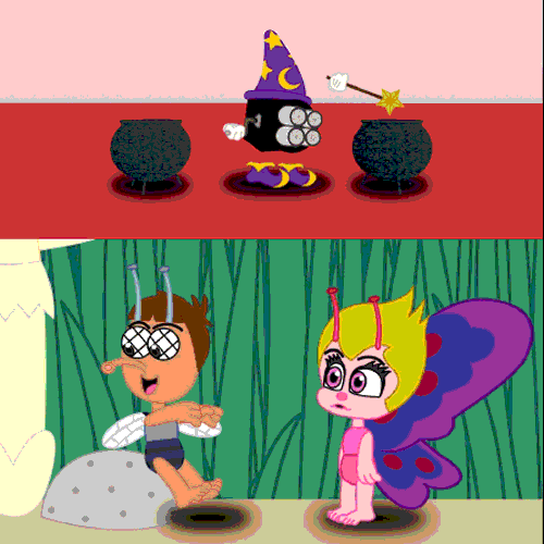 Whimsical cartoon scene with a witch's hat, wand, and two cauldrons on a red table, above a jungle scene with two kids nearby.