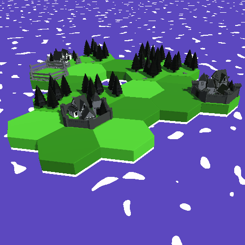 Isometric map of green hexagonal island tiles with houses and pine trees, a gray fortress on the right, afloat in purple water.