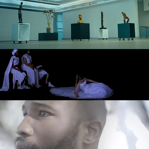 Montage: gallery with statues on pedestals, a stage scene with women in lavender dresses, and a close-up of a man's face in profile.