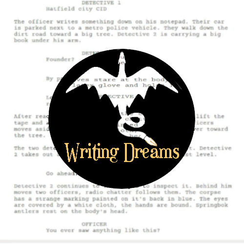 Circular black logo with a white bat silhouette and gold 'Writing Dreams' text over a faded manuscript background.