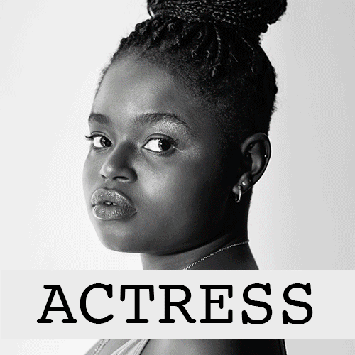 Black-and-white portrait of a young woman with braided hair and stud earrings, with the word ACTRESS overlaid across the bottom.