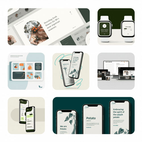 Collage of mockup screens and devices showcasing a digital product design portfolio.