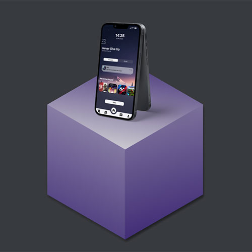 An iPhone resting on a purple 3D cube on a dark gray background.