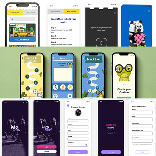 Collage of smartphone screens displaying onboarding tutorials, game levels, and account signup forms across several apps.
