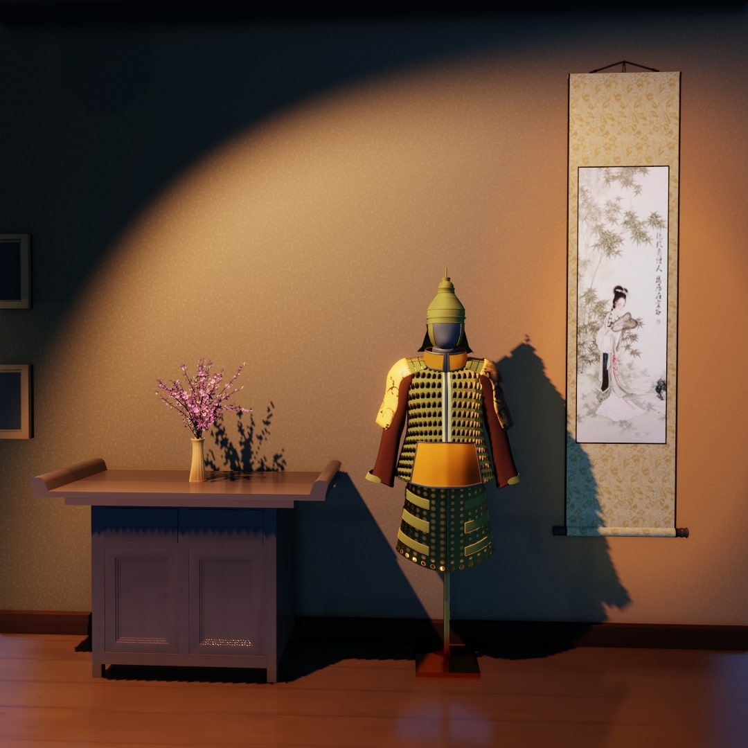 Samurai armor on a stand beside a table with pink flowers and a hanging scroll in a softly lit room.