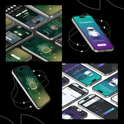 Collage of smartphones displaying various app interfaces on a dark background, arranged in a grid of four panels.