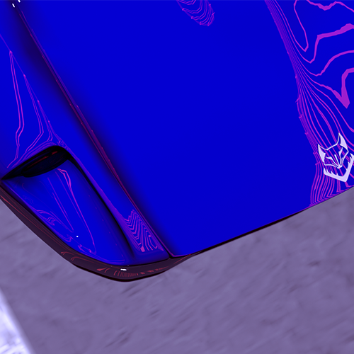 Close-up of a glossy blue car front corner, showing the curved bumper and reflections on the paint.