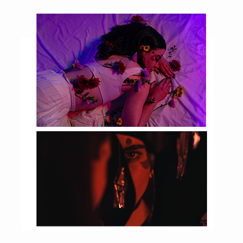 Two-panel collage: top shows a woman lying on a bed with purple lighting and flowers on her, bottom shows a close-up of a masked face bathed in red light.