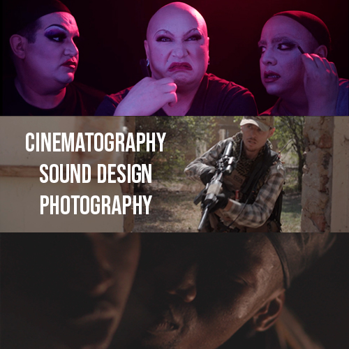 Promotional collage for cinematography, sound design, and photography services; features dramatic makeup performers at top, a armed operator in a forest midsection, and a moody close-up at bottom.