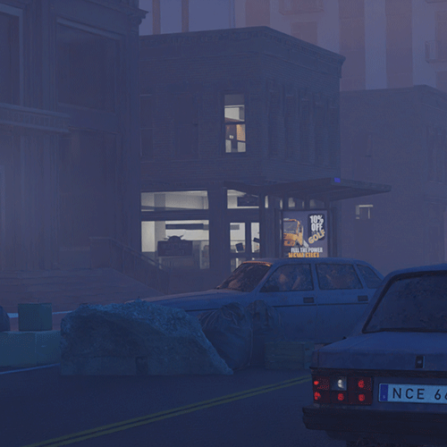 Blue-tinted nighttime street scene with two parked cars and a brick storefront, a large rock barrier blocking part of the road in the foreground.