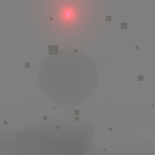 Dim, foggy scene with a large gray sphere at center, a red beacon above it on a thin stalk, and scattered small gray squares floating around.