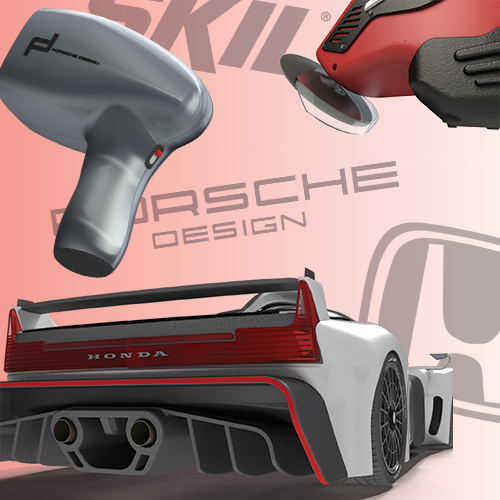 Collage of automotive design elements: a white race car rear, Porsche Design branding, and red power tools against a pink gradient background.