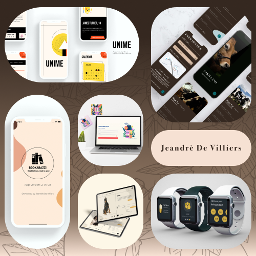 Collage of smartphone and smartwatch screens displaying app interfaces, with a central beige rounded badge showing a name: Jeandré De Villiers (branding).